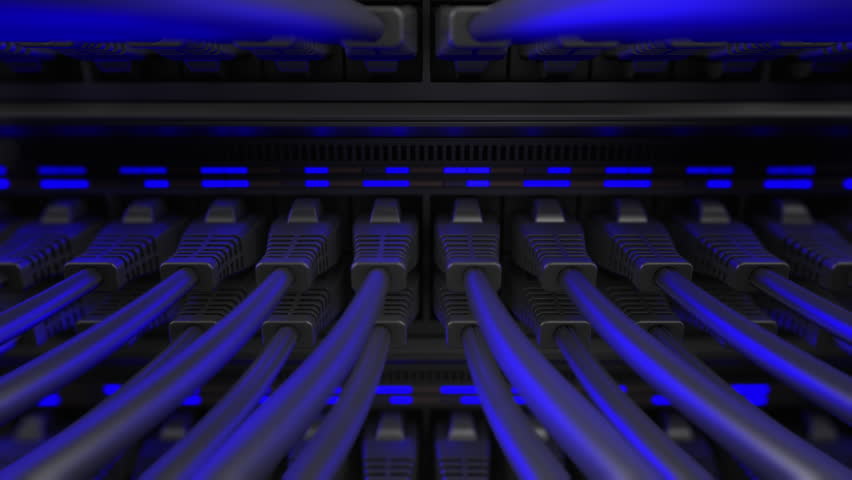 Close-up view of modern internet network switch with plugged ethernet cables. Blinking blue lights on internet server. 4k 3d endless loop. Royalty-Free Stock Footage #1010822102