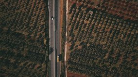 Video from above, aerial view of cars passing on a country road at sunset.	
