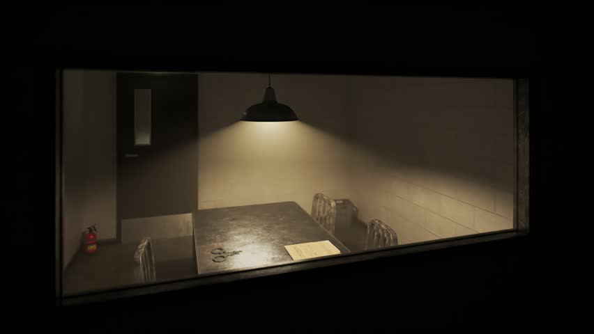 Empty, dark interrogation room with metal table and chairs, handcuffs and case files seen through one-way mirror. Royalty-Free Stock Footage #1010825780