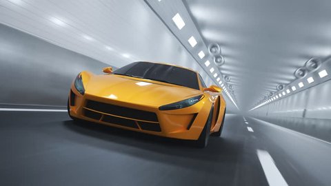 Sports car driving fast through the tunnel. Camera attached do the front of a car. Loopable animation.