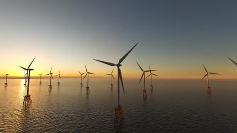 Offshore wind turbines at dusk.