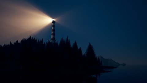 Beam of light from lighthouse rotating over the coast. Loopable animation.