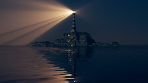 Beam of light from lighthouse rotating over the sea. Loopable animation.
