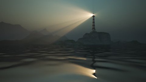 Beam of light from lighthouse rotating over the sea in the fog. Loopable animation.