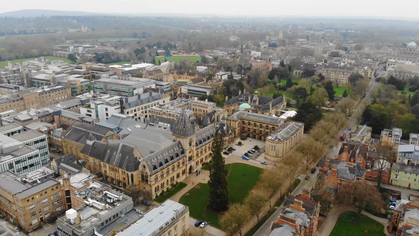 Aerial view of cityscape of Oxford, university city in England - Oxfordshire, United Kingdom from above, 4k UHD 