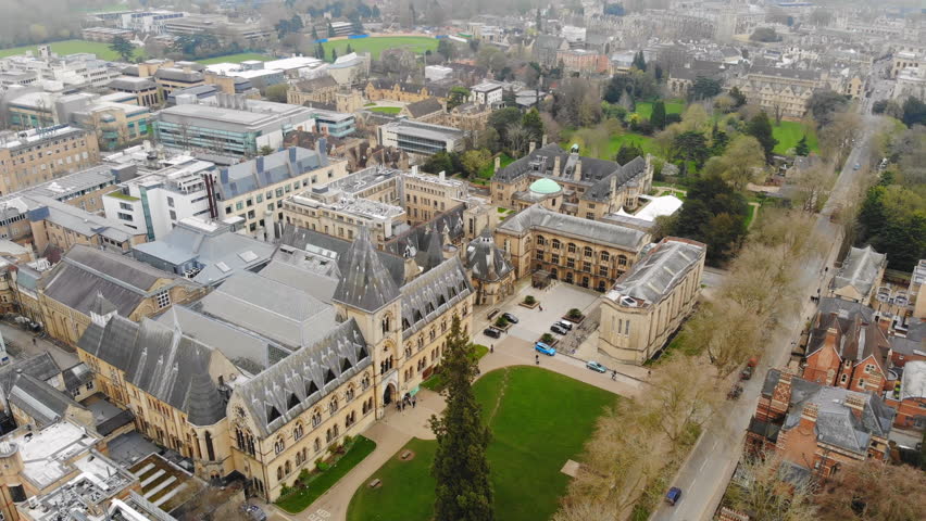 Aerial view of cityscape of Oxford, university city in England - Oxfordshire, United Kingdom from above, 4k UHD 