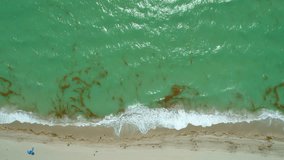 Aerial overhead shot slow waves crashing on the beach shore