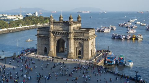 Jan 2018, India, Mumbai, Maharashtra, The Gateway of India, monument commemorating the landing of King George V and Queen Mary in 1911 - day to night time lapse