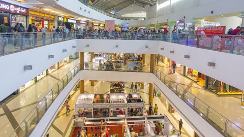 Jan 2018, India, capital of Telengana State, (Andhra Pradesh), Hyderabad, interior of a modern shopping Mall - time lapse