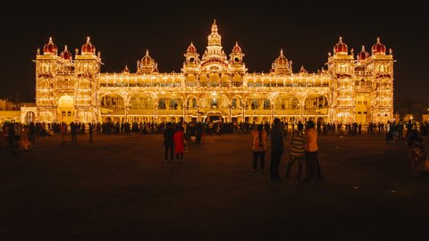 Jan 2018, India, Karnataka, Mysore, City Palace, illuminated at dusk - time lapse