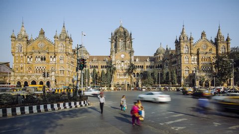 Jan 2018, India, Mumbai, Maharashtra, Chhatrapati Shivaji Maharaj Terminus railway station (CSMT), (formerly Victoria Terminus), UNESCO World Heritage Site - time lapse