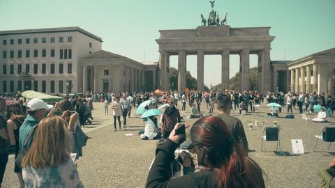 BERLIN, GERMANY - APRIL 30, 2018. Crowded square near the Brandenburg Gate