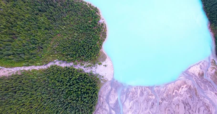 Aerial view of Kinney Lake in Rocky Mountains near Mt Robson turquoise still lake