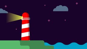 Flat Animation. The lighthouse stands on a hill and shines at night. The starry cloudy sky. Waves are fighting against the shore - Powered by Shutterstock - Get 15% off with code: PIKWIZARD15