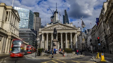8k time lapse view of the Royal exchange  near the Bank of England, in the City of London
