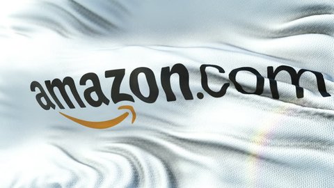 AMAZON.COM flag waving on sun. Seamless loop animation with highly detailed fabric texture. Loop ready in 4k resolution.