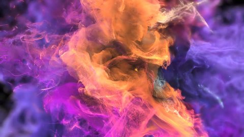 Color Burst - colorful purple yellow orange magenta pink smoke explosion fluid gas ink particles slow motion alpha matte isolated on black macro close-up
