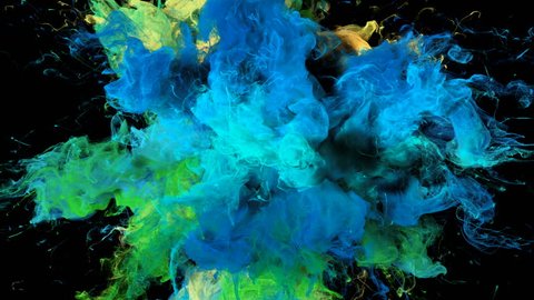 Color Burst - colorful blue green yellow smoke explosion fluid gas ink particles slow motion alpha matte isolated on black