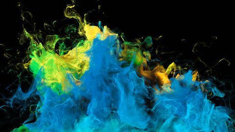 Color Burst - colorful blue yellow green smoke explosion from below fluid gas ink particles slow motion alpha matte isolated on black