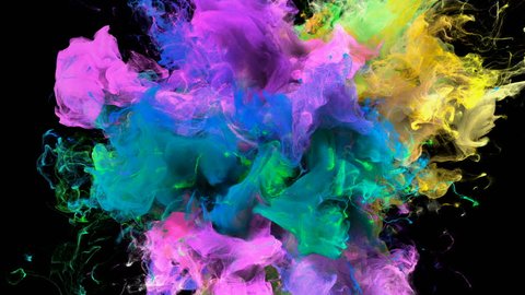 Color Burst - colorful yellow pink blue cyan green smoke explosion fluid gas ink particles slow motion alpha matte isolated on black macro close-up