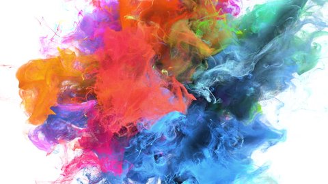 Color Burst - colorful blue magenta pink orange yellow green cyan smoke explosion fluid gas ink particles slow motion alpha matte isolated on white