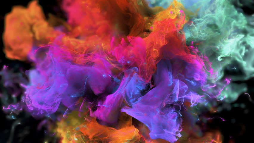 Color Burst - colorful orange magenta cyan smoke explosion fluid gas ink particles slow motion alpha matte isolated on black macro close-up macro close-up