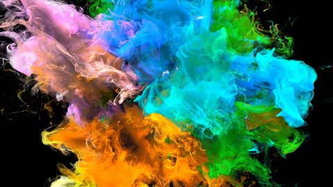 Color Burst - colorful orange blue green pink smoke explosion fluid gas ink particles slow motion alpha matte isolated on black