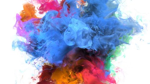 Color Burst - colorful blue pink orange yellow cyan smoke explosion fluid gas ink particles slow motion alpha matte isolated on white