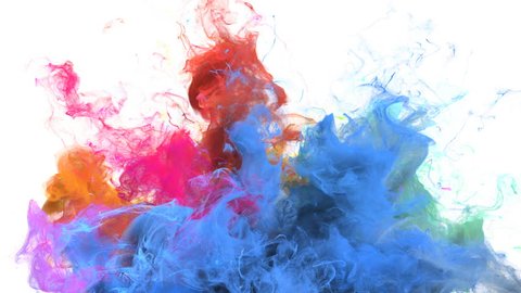 Color Burst - colorful blue orange pink yellow cyan smoke explosion from below fluid gas ink particles slow motion alpha matte isolated on white