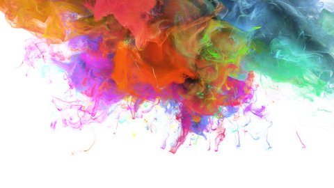 Color Burst - colorful magenta pink green cyan yellow green blue smoke explosion from above fluid gas ink particles slow motion alpha matte isolated on white