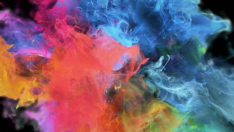 Color Burst - colorful blue pink orange green yellow smoke explosion fluid gas ink particles slow motion alpha matte isolated on black macro close-up