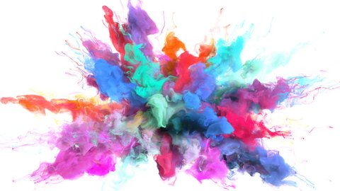 Color Burst - colorful magenta pink blue cyan yellow orange smoke explosion fluid gas ink particles slow motion alpha matte isolated on white