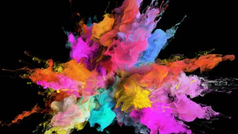 Color Burst - colorful pink magenta orange blue cyan yellow smoke explosion fluid gas ink particles slow motion alpha matte isolated on black
