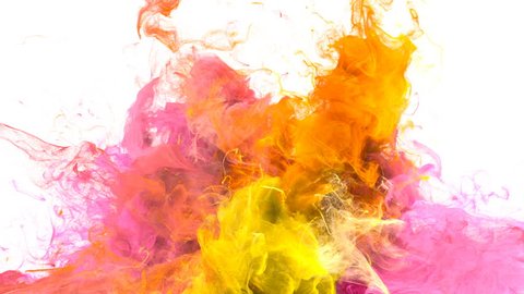 Color Burst - colorful yellow pink orange smoke explosion from below fluid gas particles slow motion alpha matte isolated on white
