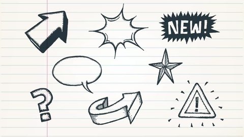 Doodle Arrows, Signs And Sketched Elements Animation/
Animation of scribbling outlined pencil drawing sketched arrows, signs, speech bubbles, stars and retail text or messages, with each element separ