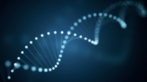 Seamless animation of rotating DNA glowing molecule on blue background