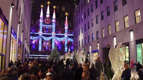 NEW YORK CITY, NEW YORK - November 22: Downtown Rockefeller Center area with Christmas Lights in New York, NY on November 22, 2017.