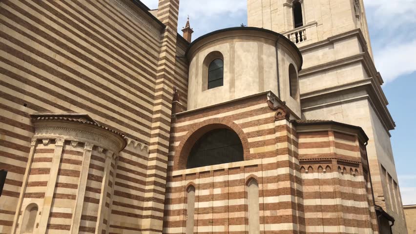 Verona Cathedral.  It is a Roman Catholic cathedral in Verona, northern Italy, dedicated to the Blessed Virgin Mary under the designation Santa Maria Matricolare