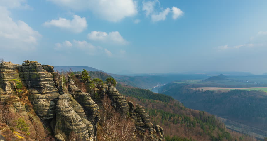 The Schrammsteine view point near the river Elbe near Bad Schandau in Saxon Switzerland National Park in Germany -  Time Lapse 25 fps 
