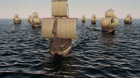 3D Animation of old wooden warships fleet on the ocean