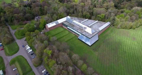 Pollok Country Park, Glasgow, Scotland, UK; April 30th 2018: Aerial footage of the building housing The Burrell Collection; an eclectic collection of art gifted to  Glasgow by Sir William Burrell.