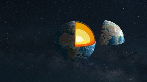 Core of the Earth with inner geological structure and layers of the planet in 3d animation.