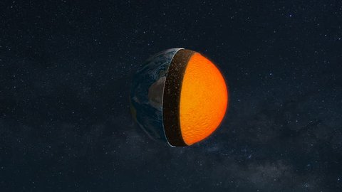 Core of the Earth with inner geological structure and layers of the planet in 3d animation.