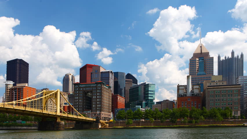Timelapse Pittsburgh skyline by bridge 4K