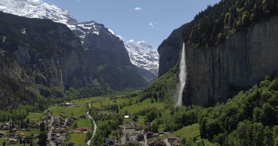 Lauterbrunnen waterfall - Aerial 4K Royalty-Free Stock Footage #1010913530