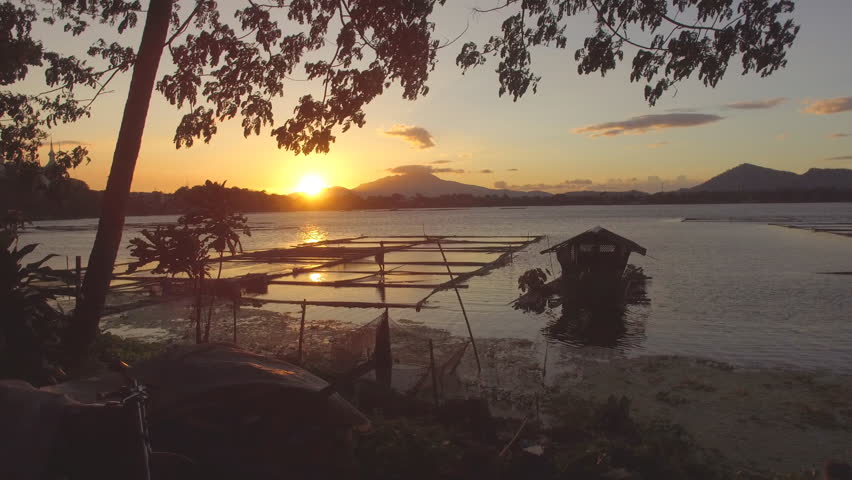 Golden sun setting over aqua fish farming bamboo structures on mountain lake. Drone aerial shot