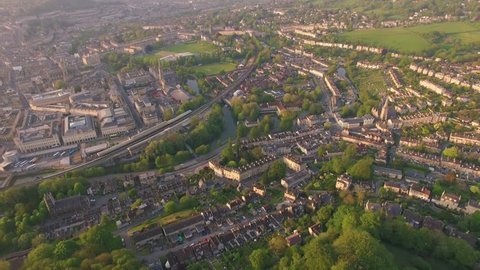 City of Bath (UK) Aerial Drone Footage of Historic Town & Countryside Surroundings at Sunset