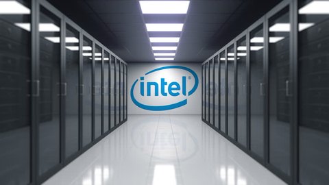Intel Corporation logo on the wall of the server room. Editorial 3D animation