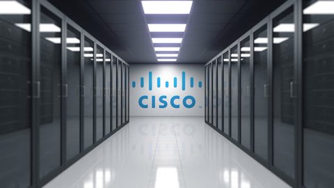 Cisco Systems logo on the wall of the server room. Editorial 3D animation