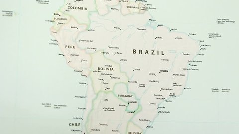 Brazil on a political map of the world. Video defocuses showing and hiding the map.